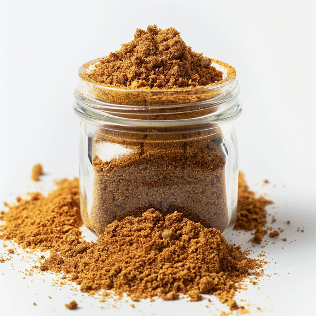 a glass jar of cumin powder with some powder spilled